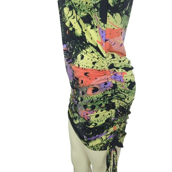 Julian Chang Abstract Art colorful Ruched Drawstring Mini Dress Dolman sleeves M - Picture 9 of 16